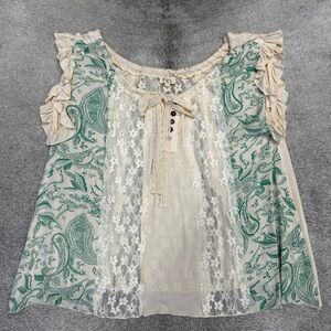 POL Cream and Green Ruffle Blouse